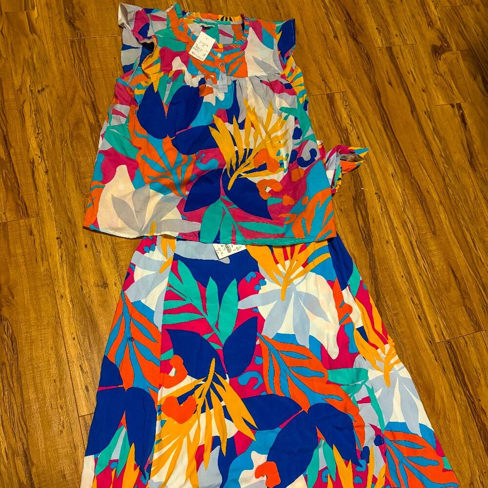 NWT J.Crew Tropical Print Ruffle Top & Midi Skirt Set – Size M